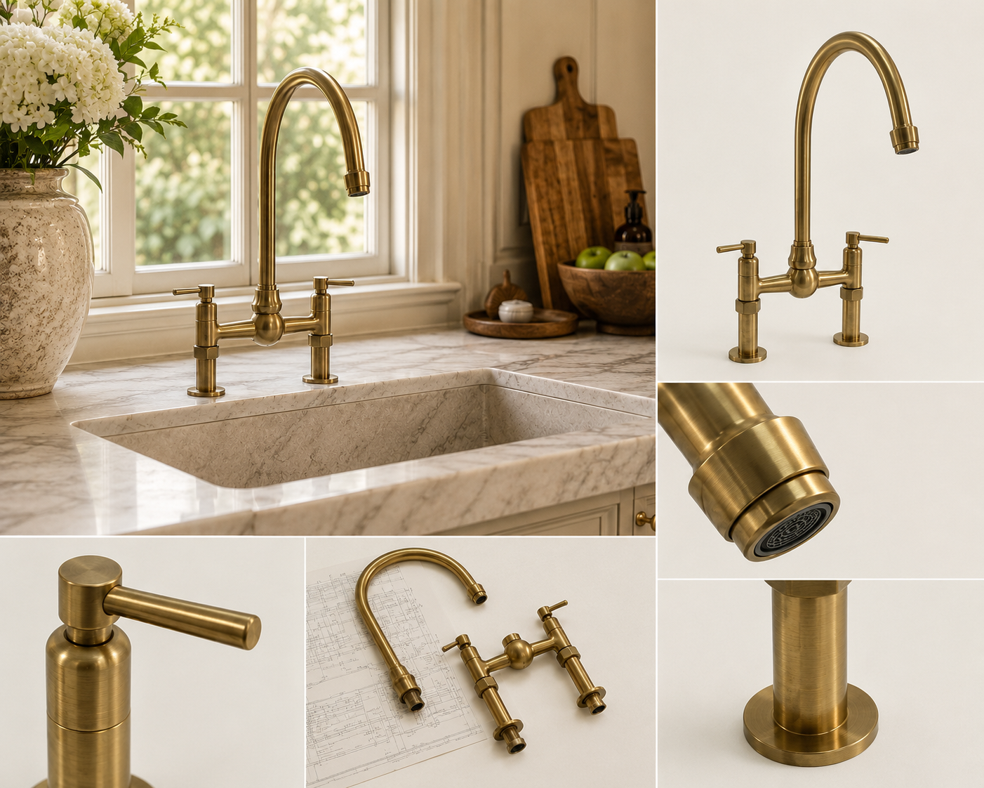 Aged brass bridge kitchen faucet lifestyle and product detail collage.