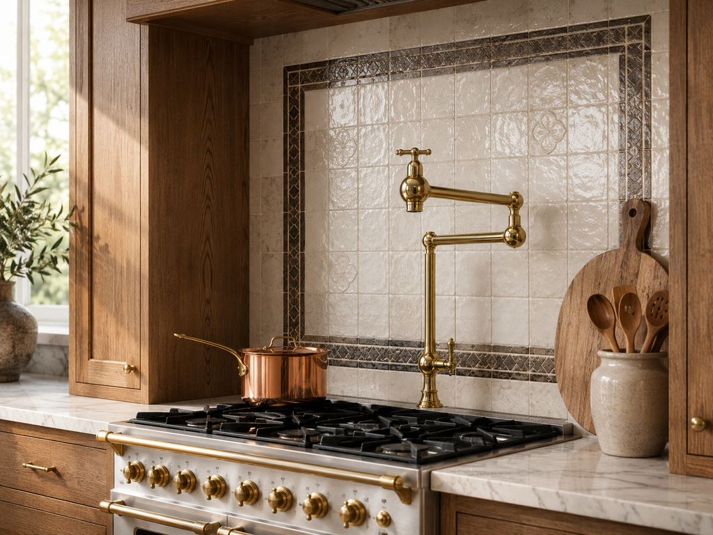 A close-up of a modern kitchen featuring a polished brass pull-down faucet, a white gas range with brass knobs, a copper pot, and a decorative tiled backsplash.