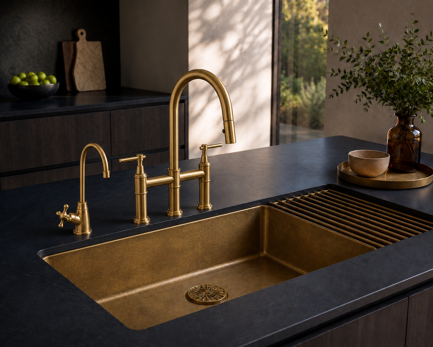 Gold kitchen sink and faucet set against a dark countertop with decorative elements.