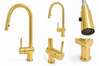 Gold kitchen faucet set with different components on a white background