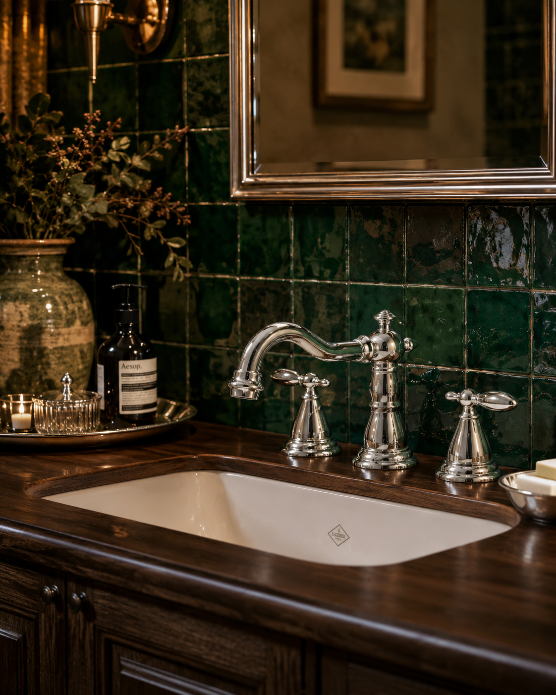 Bathroom sink with silver faucet against a green tiled wall.