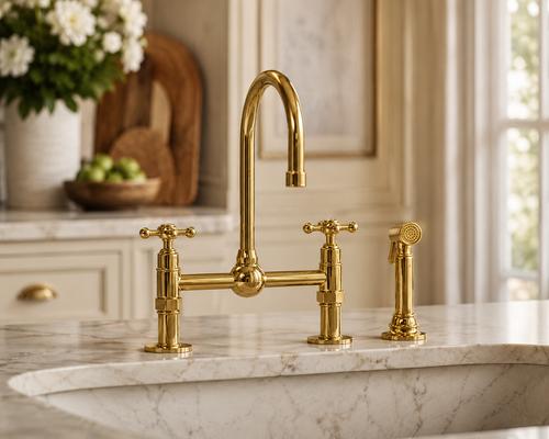 Gold kitchen faucet on a marble countertop with a neutral background