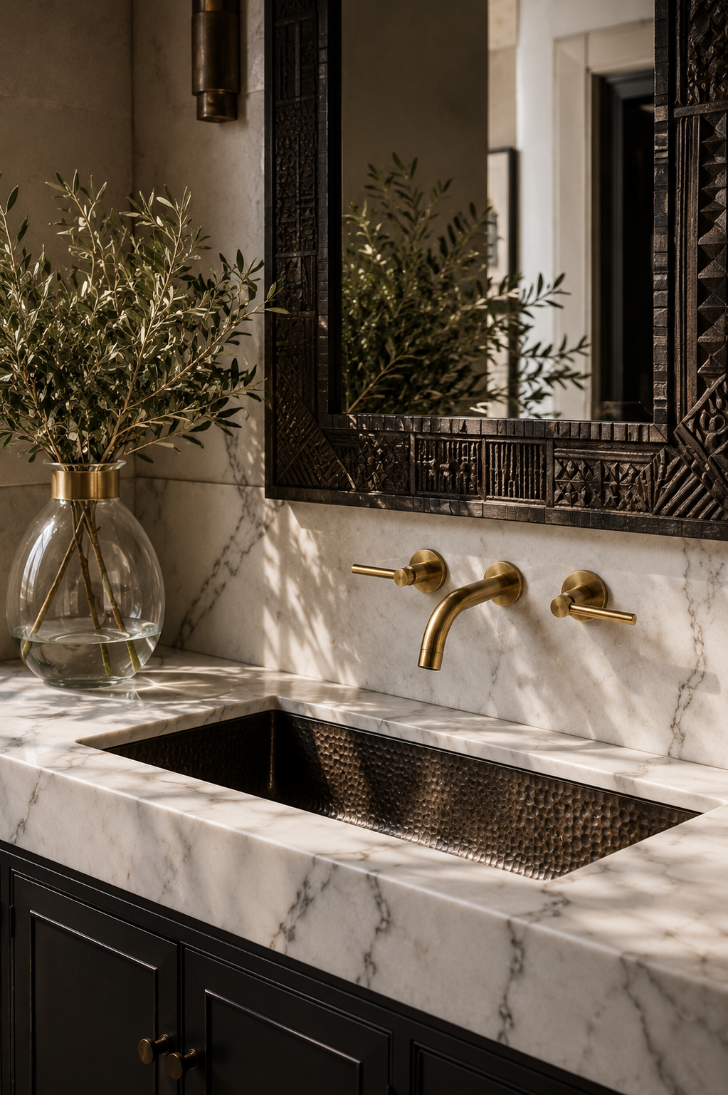 Bathroom vanity with marble countertop, gold faucet, and decorative mirror.