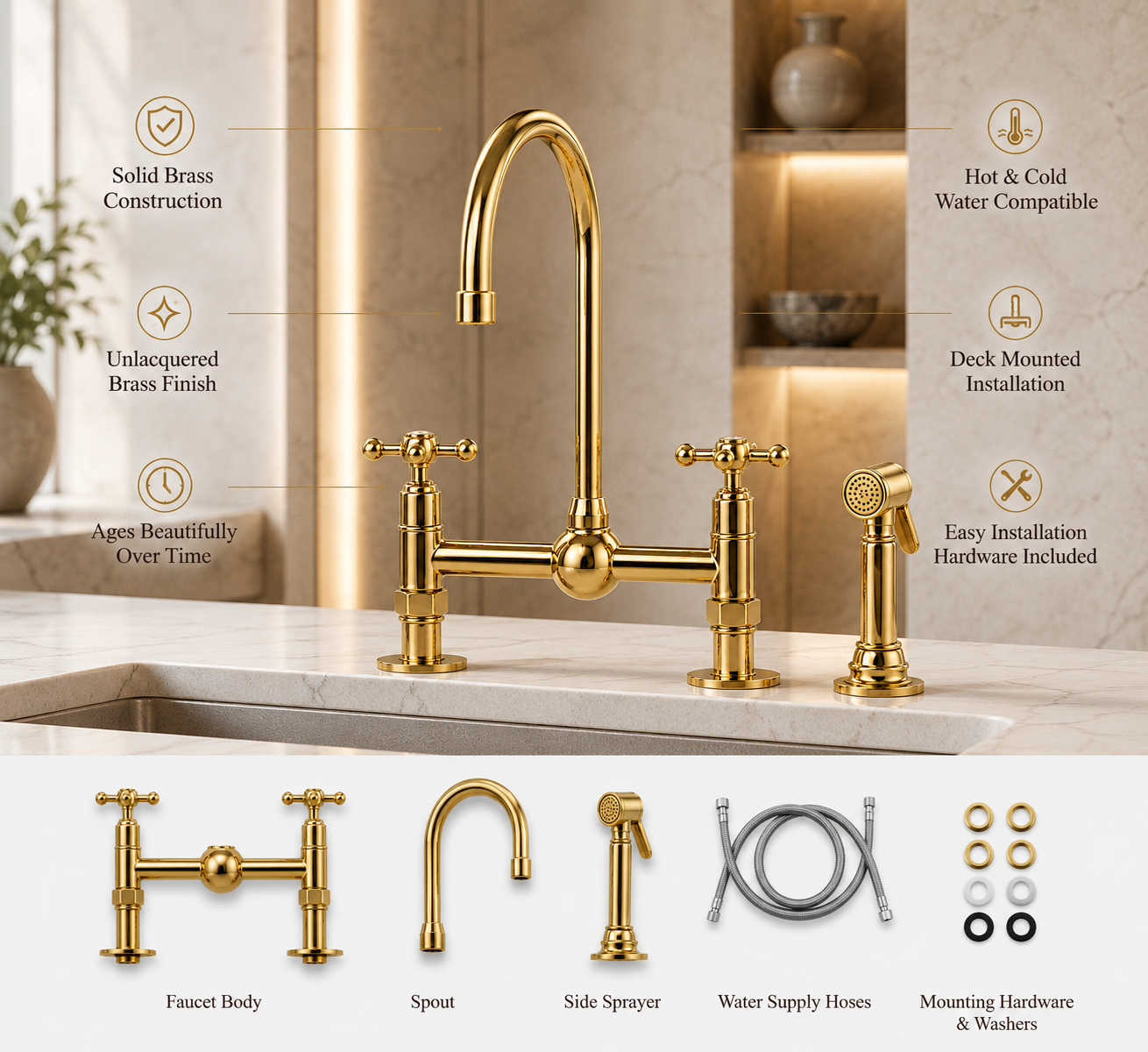 Gold faucet set with components on a bathroom counter, featuring text about product features.