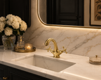 Luxurious bathroom sink setup with gold faucet, marble countertop, and decorative elements.