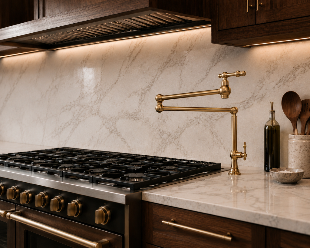 A close-up of a modern kitchen featuring a polished brass farmhouse-style faucet with a high-arc spout, set against a white marble backsplash and countertop with dark wood cabinetry.