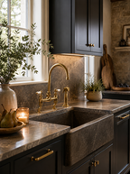Modern kitchen with marble countertop, gold faucet, and decorative elements.