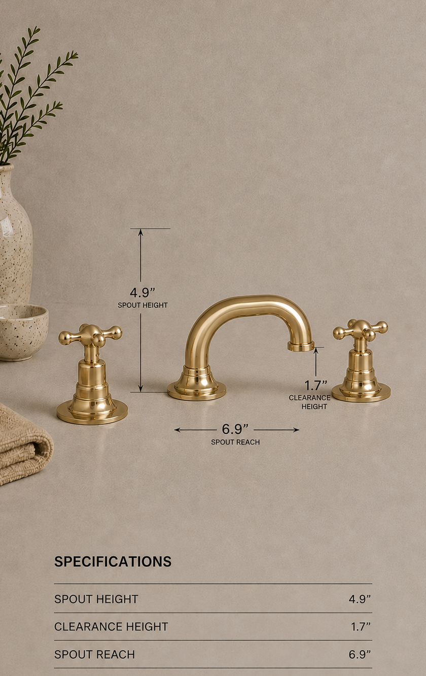 A brass bathroom faucet set with a central spout and two cross handles, shown on a beige background with dimension callouts, product features, and specifications. Decorative vase and folded towel appear at the left edge.