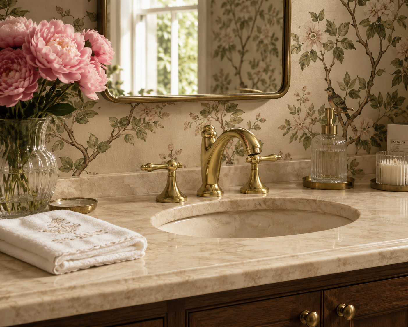 Bathroom vanity with marble countertop, gold faucet, and floral wallpaper.