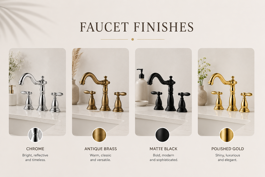 Comparison of faucet finishes including chrome, antique brass, matte black, and polished gold.
