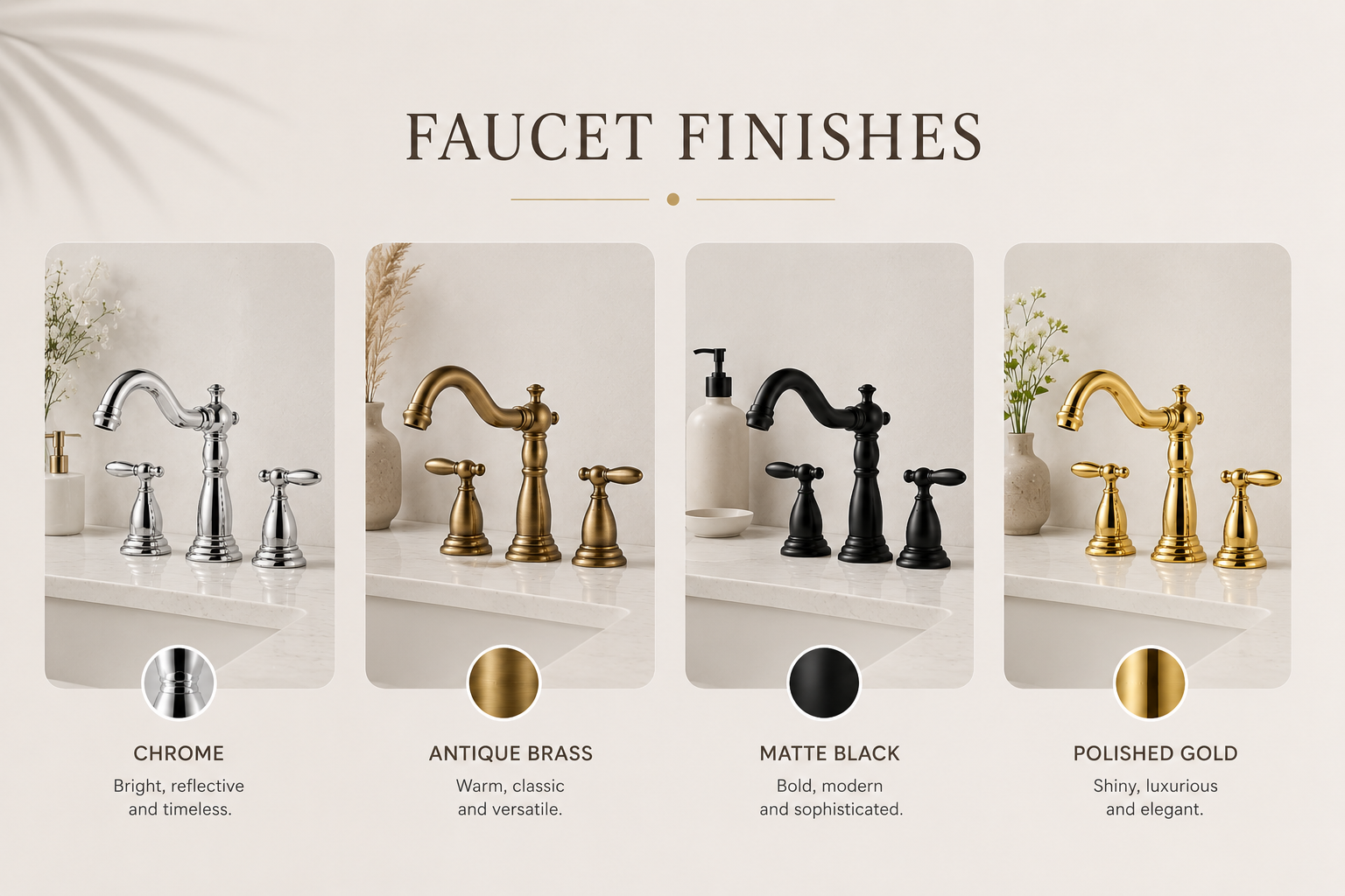 Comparison of faucet finishes including chrome, antique brass, matte black, and polished gold.