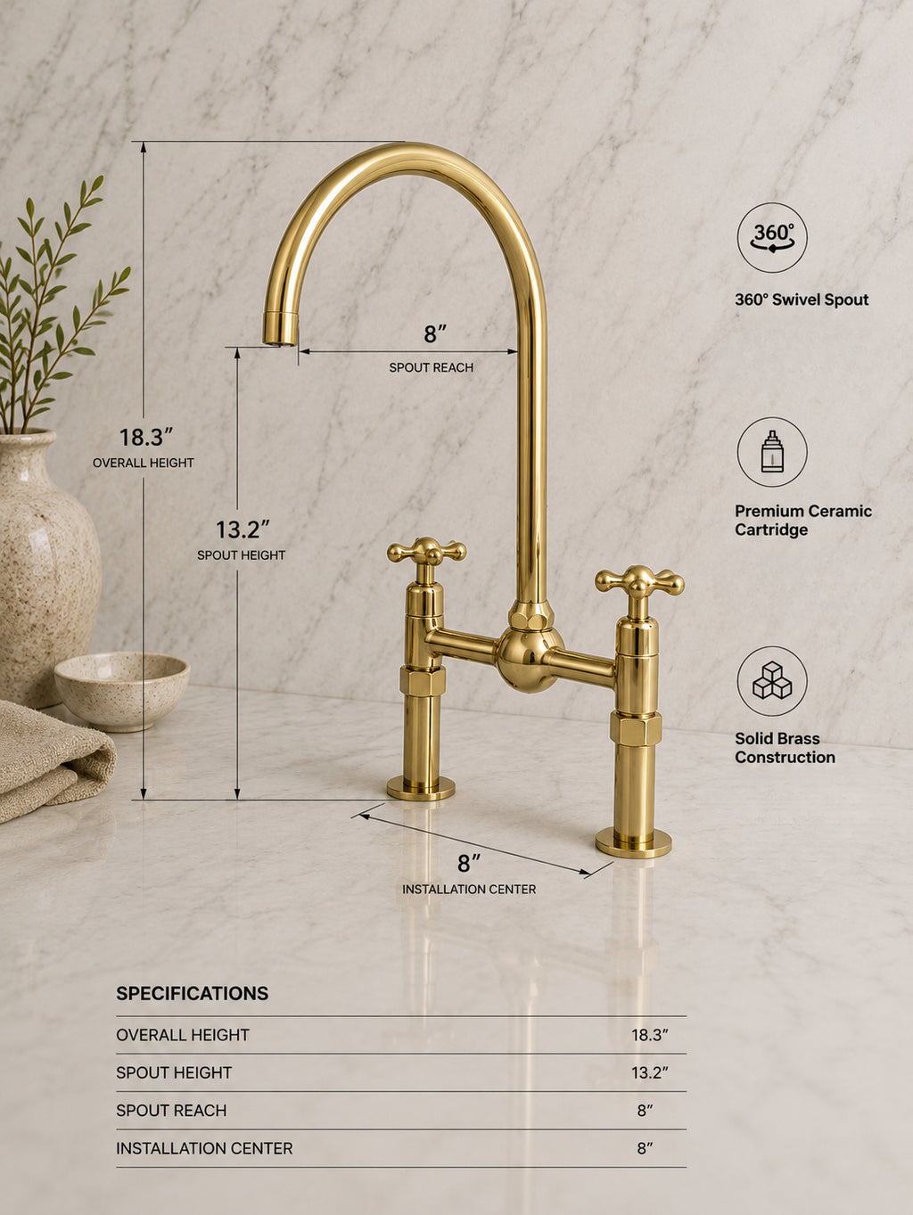 A brass bridge faucet with two cross handles is shown on a white marble surface with overlaid dimension lines and text listing overall height, spout height, spout reach, and installation center. Additional callouts mention a 360° swivel spout, premium ceramic cartridge, and solid brass construction.
