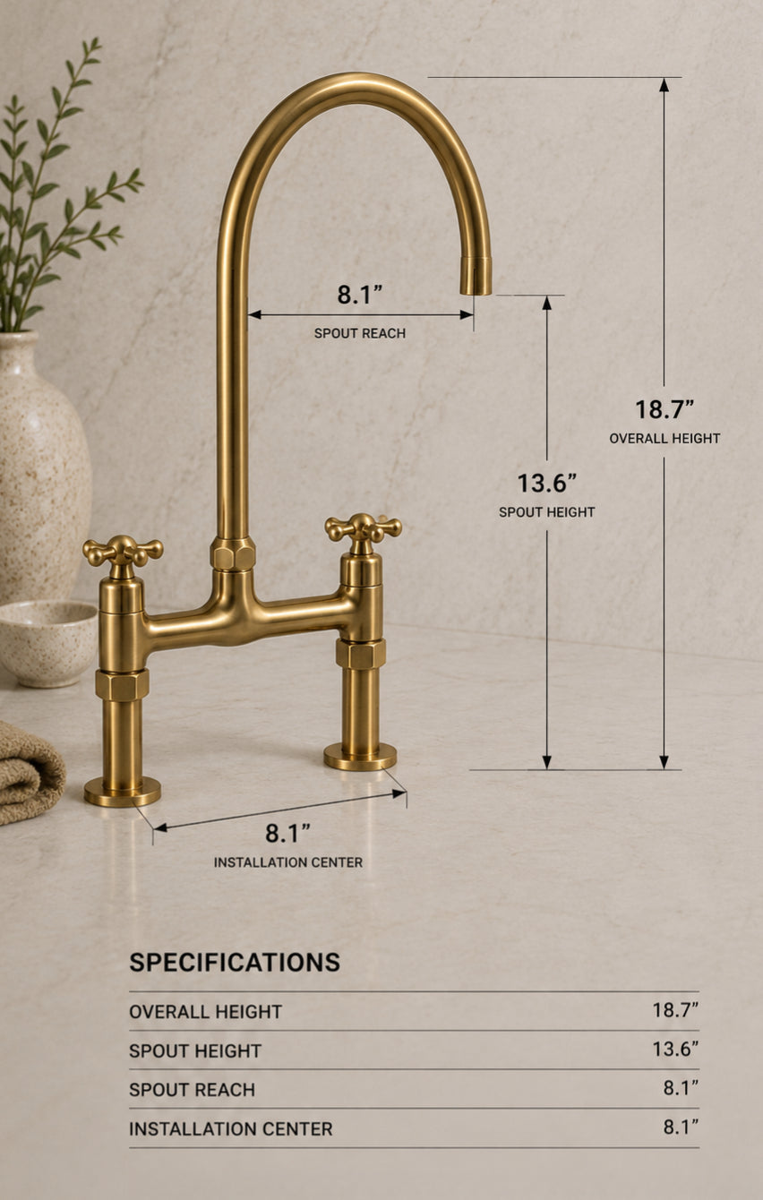 An antique brass bridge faucet with dimension callouts showing overall height of 18.7 inches, spout height of 13.