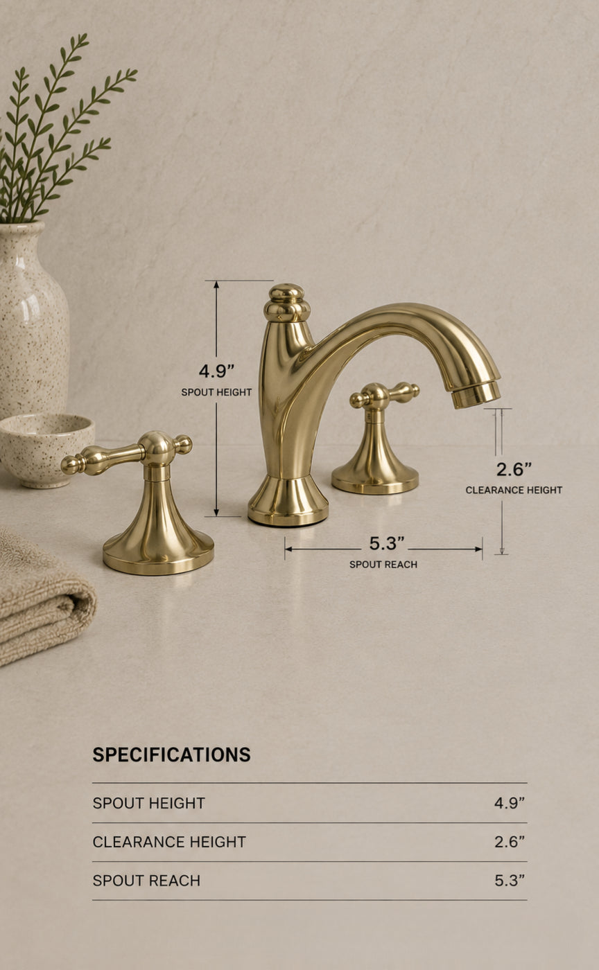 Gold bathroom faucet set with dimension callouts and a specifications table on a beige wall and countertop. The set includes a central spout, two lever handles, and decorative props like a folded towel and vase.