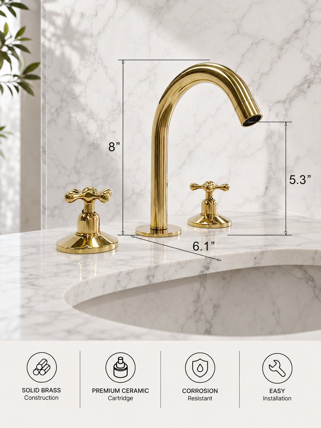 Gold-finished bathroom faucet set with two cross-handle knobs shown installed above a white marble sink, with dimension callouts (8 inches tall, 6.1 inches wide, 5.