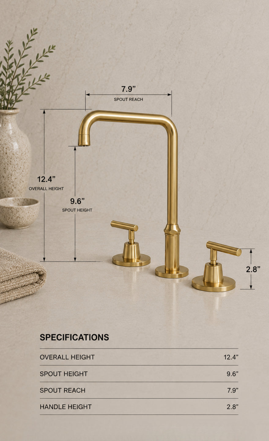 Gold bathroom faucet set with dimension callouts and a specifications table on a light beige countertop. The image shows a tall curved faucet with two handles, labeled with measurements such as overall height 12.