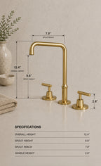 Gold bathroom faucet set with dimension callouts and a specifications table on a light beige countertop. The image shows a tall curved faucet with two handles, labeled with measurements such as overall height 12.