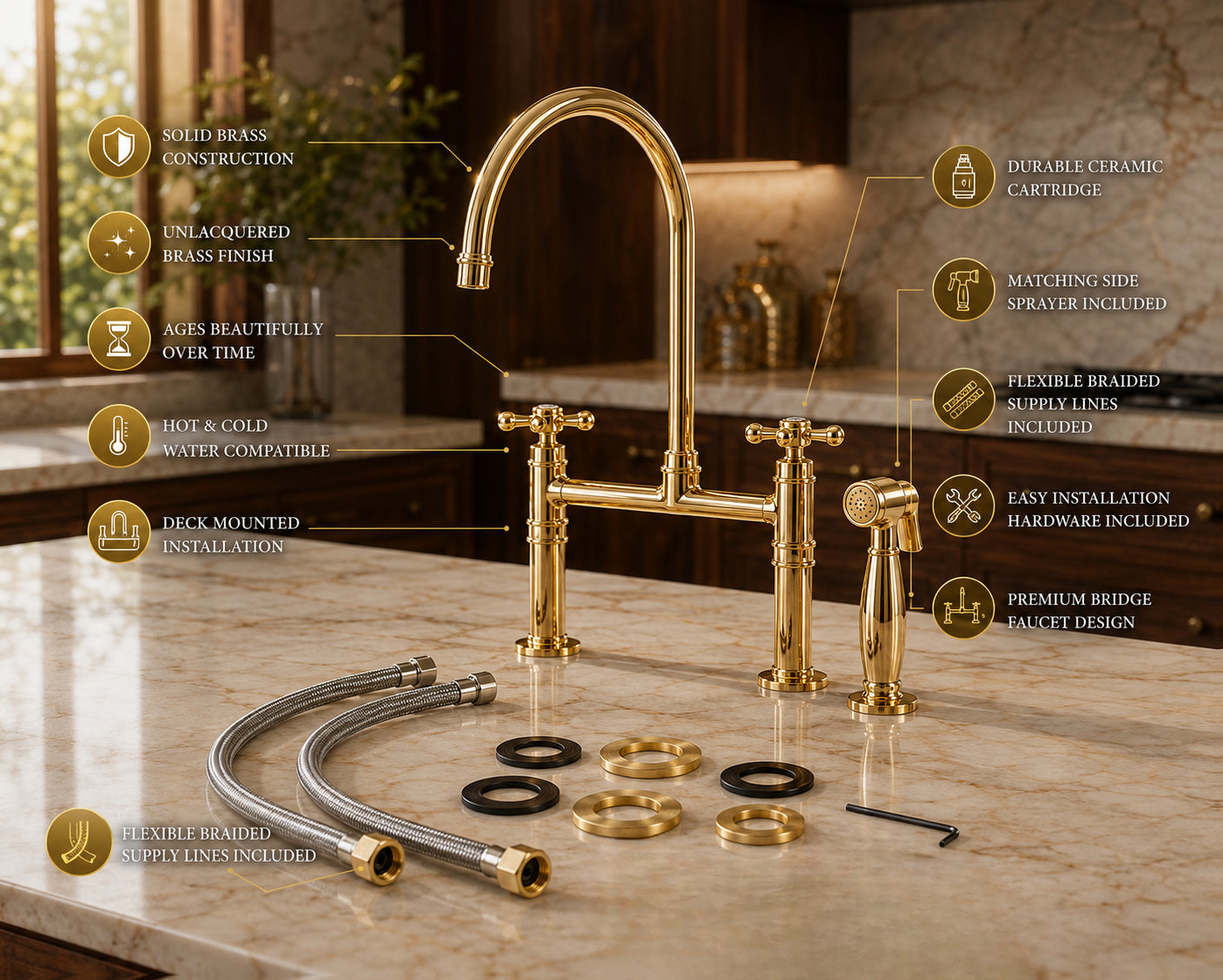 Gold kitchen faucet set with installation components on a marble countertop.