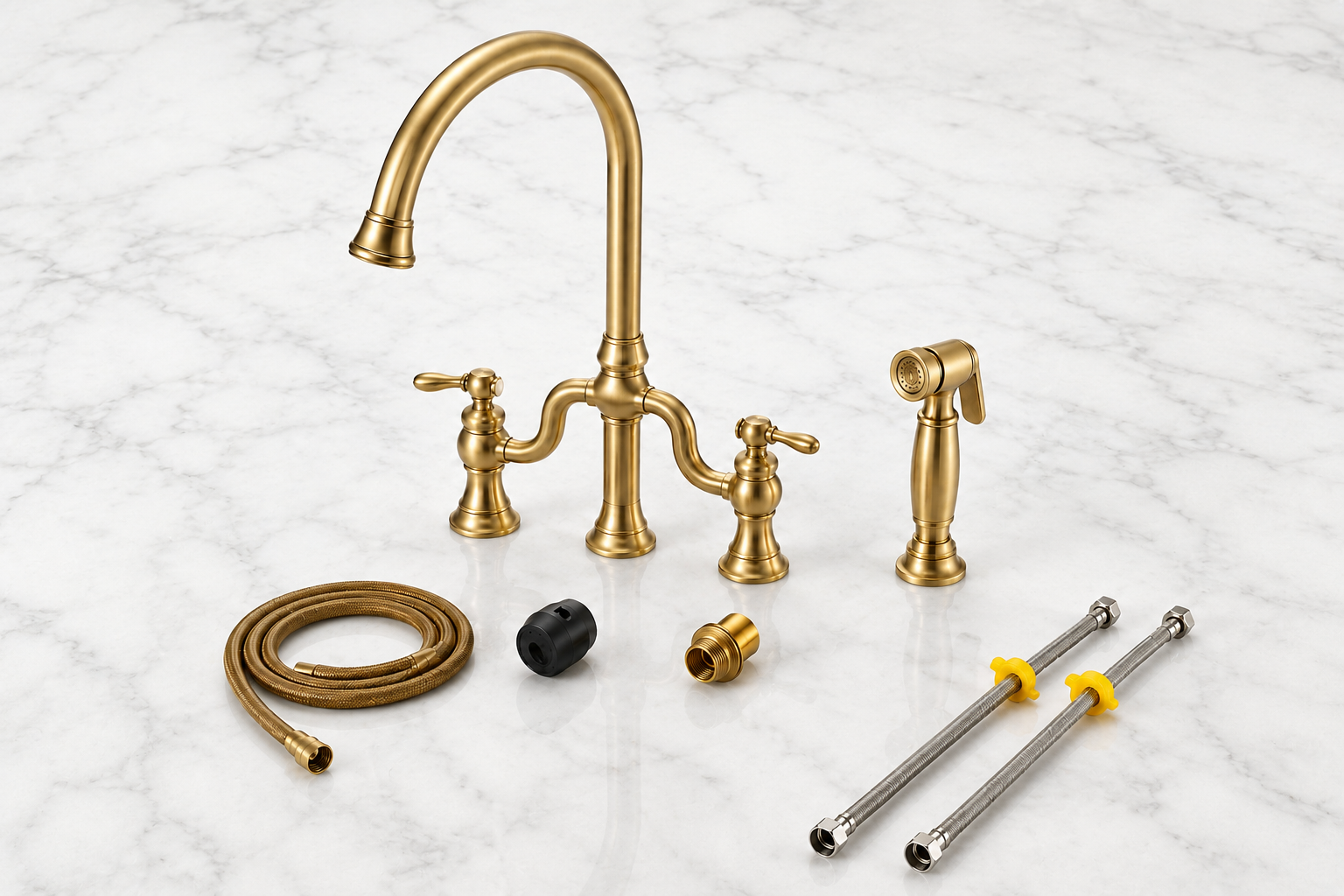 Gold kitchen faucet set with accessories on a marble surface