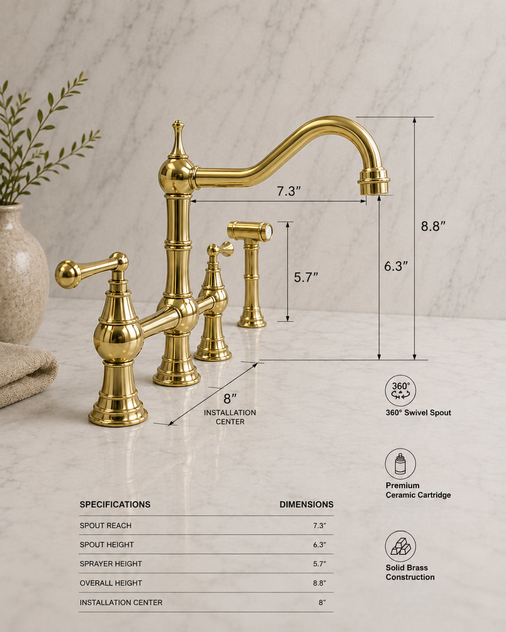 A brass bridge faucet with a curved spout and two lever handles on a marble countertop, overlaid with dimension lines and text showing measurements and product specs.