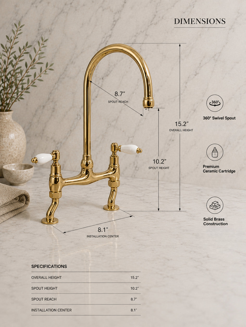 A polished brass bridge faucet with two white ceramic handles is shown on a white marble countertop with overlaid dimension lines and text detailing measurements and product specs.