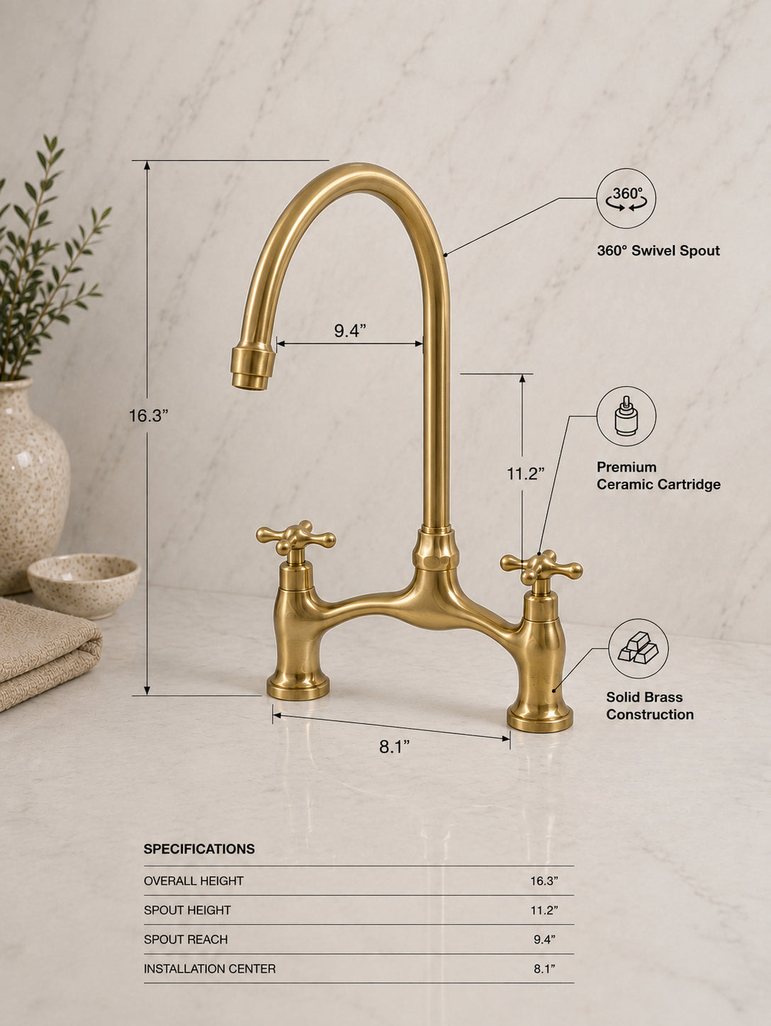 An arched bridge faucet in polished brass with two cross handles, shown on a marble countertop with overlaid dimension lines and text detailing measurements and product specs.