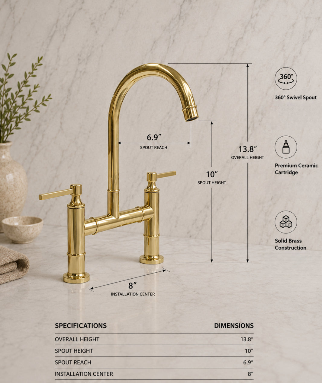 A brass bridge faucet with a high-arc spout and two lever handles, shown on a marble surface with overlaid dimension callouts and a small specs table. The image includes product features such as 360° swivel spout, premium ceramic cartridge, and solid brass construction.