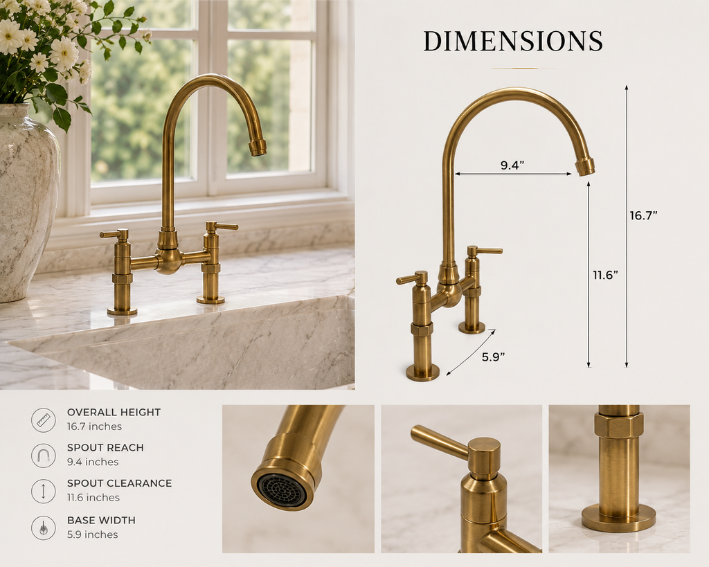 Aged brass bridge kitchen faucet dimensions and close-up detail guide.