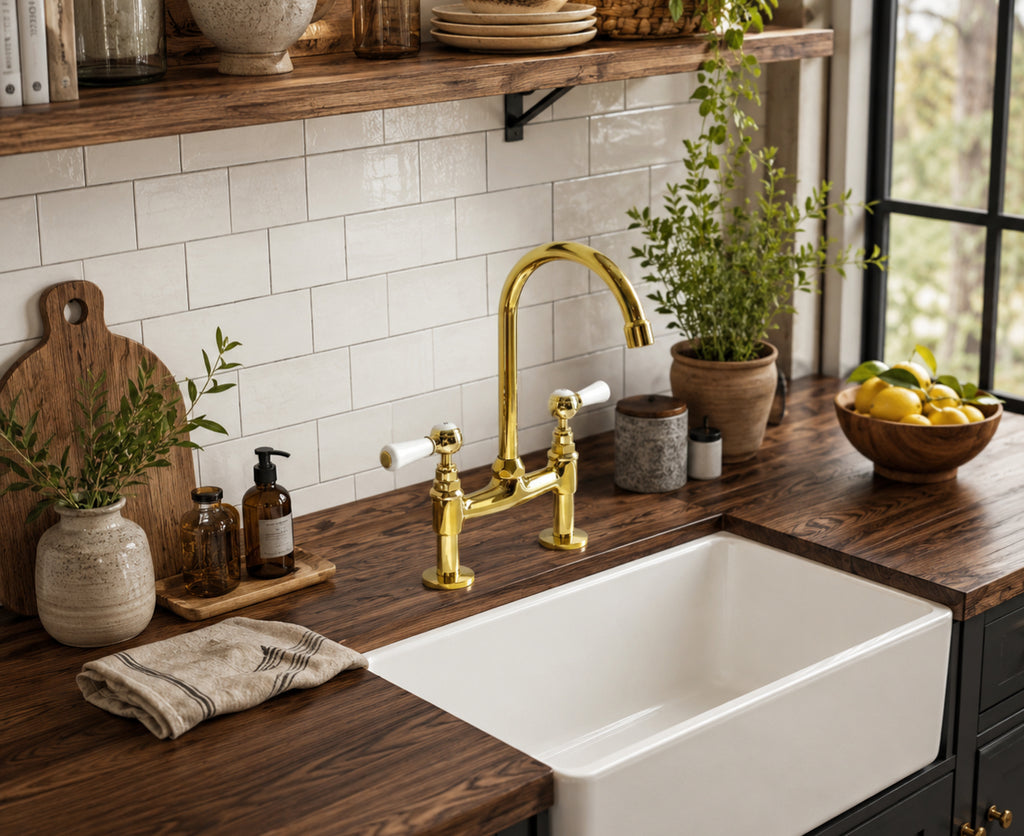Kitchen with wooden countertop, white sink, and gold faucet.