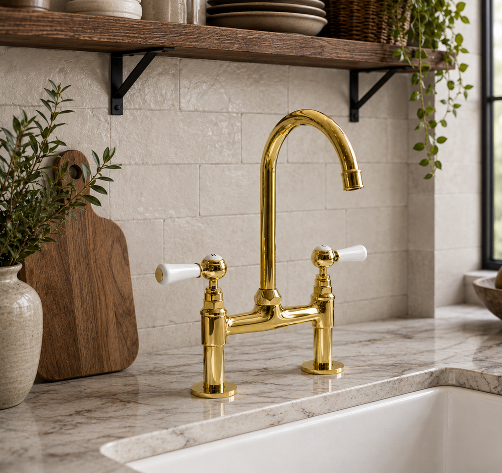 Gold kitchen faucet on a marble countertop with a neutral wall and wooden shelf in the background.
