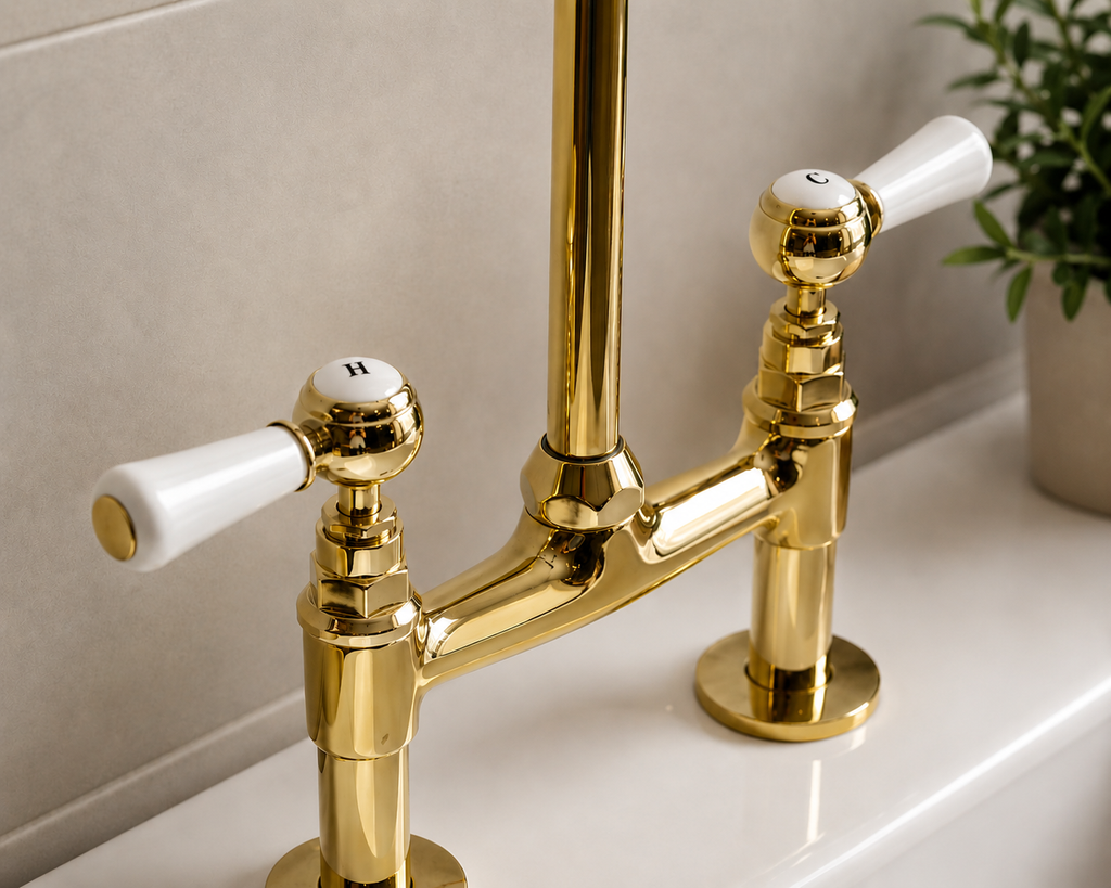 Gold faucet with white handles on a sink, with a plant in the background.