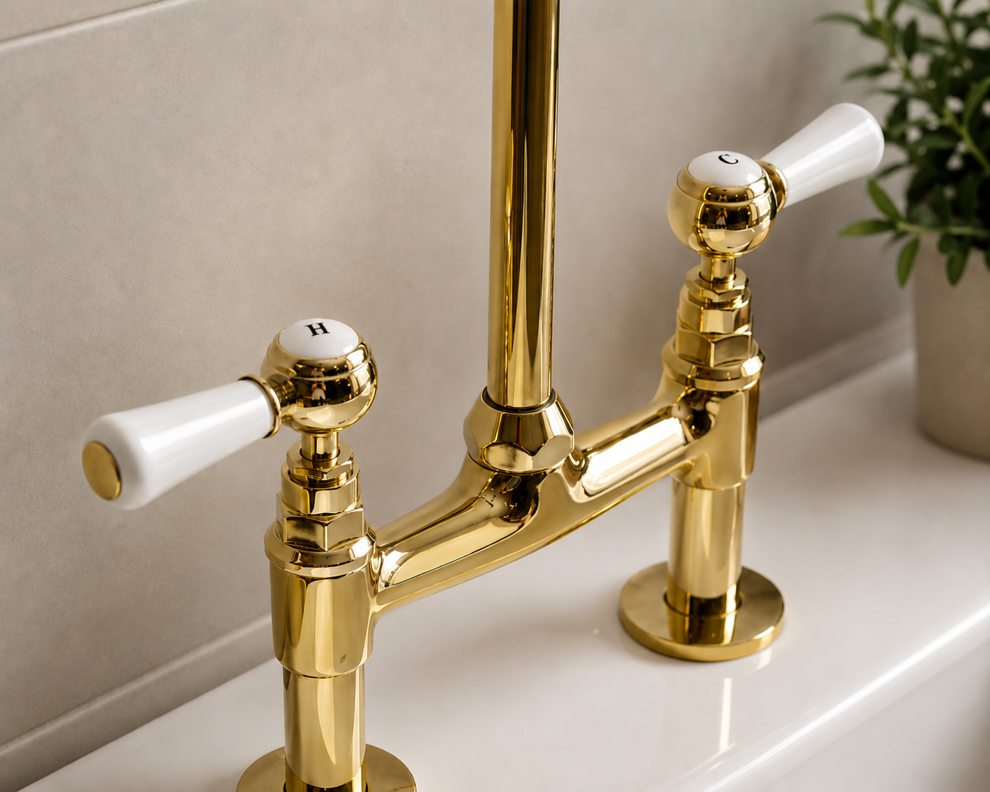 Gold faucet with white handles on a sink, with a plant in the background.