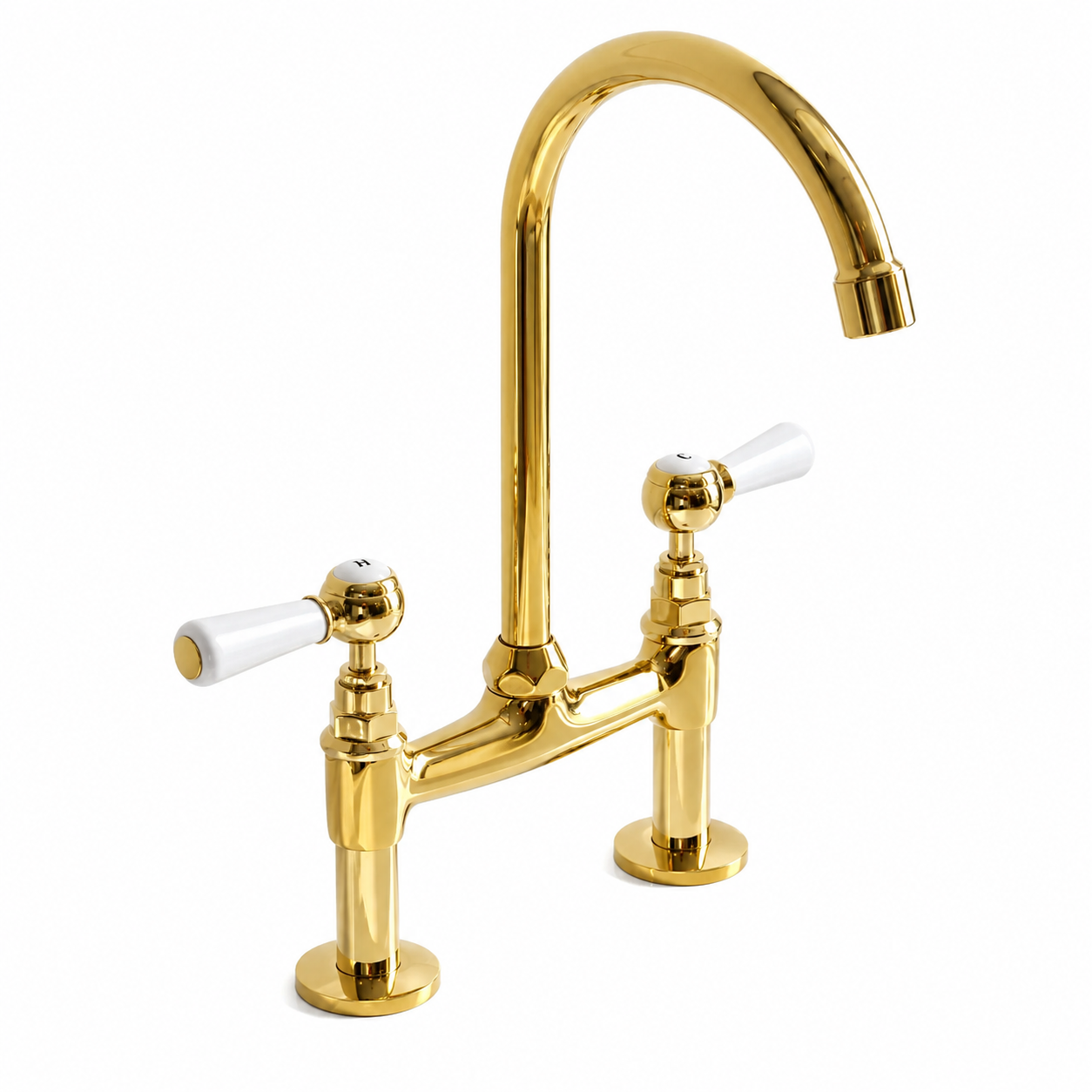 Gold kitchen faucet with white handles on a white background