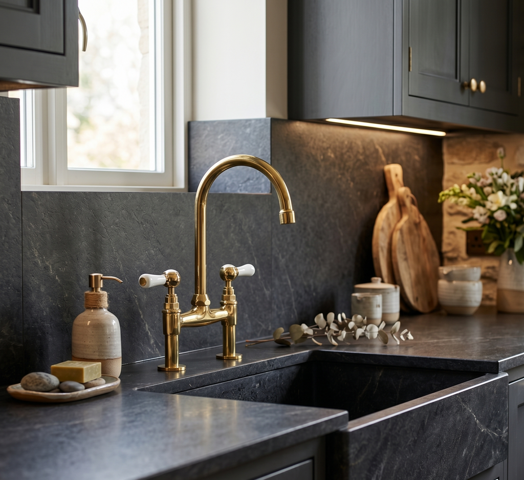 Modern kitchen with gold faucet and marble countertop