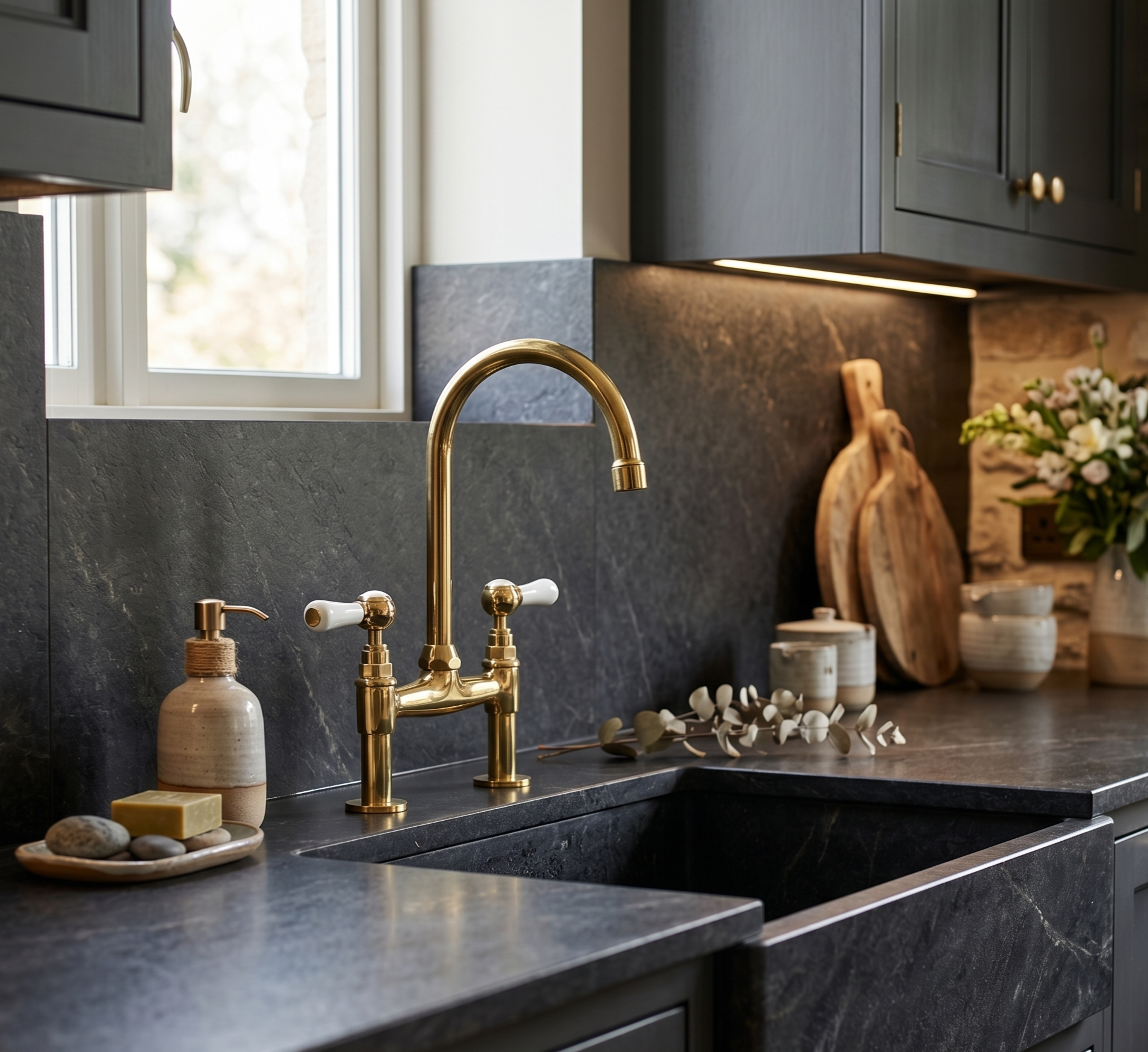 Modern kitchen with gold faucet and marble countertop