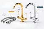 Gold and silver kitchen faucets with labeled features on a white background