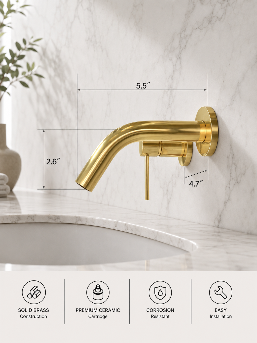 Modern Brass Wall Faucet | Designer Wall Mounted Vanity Tap