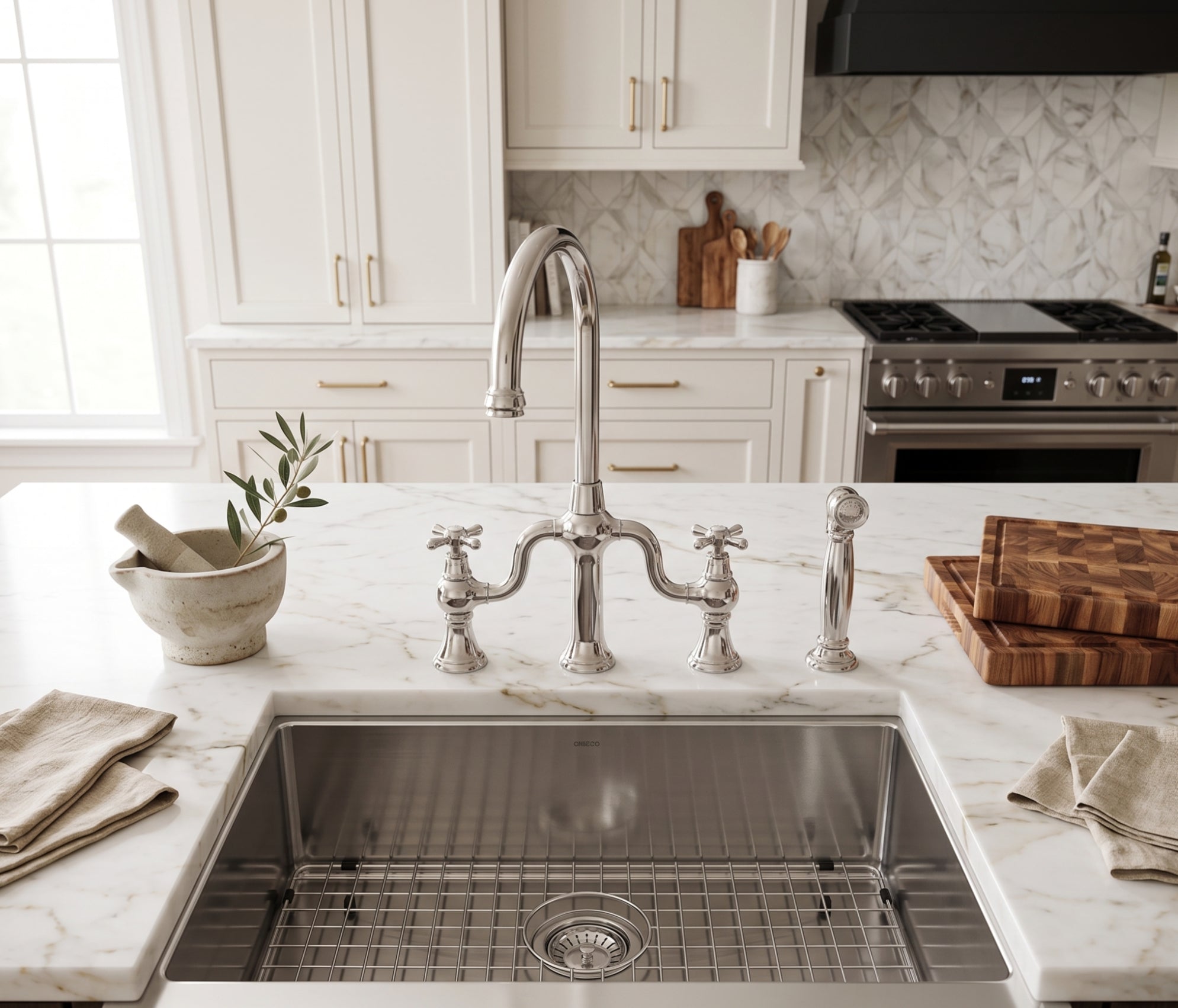 Modern kitchen with stainless steel sink and faucet