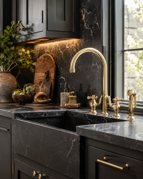Kitchen sink with gold faucet and black marble countertop