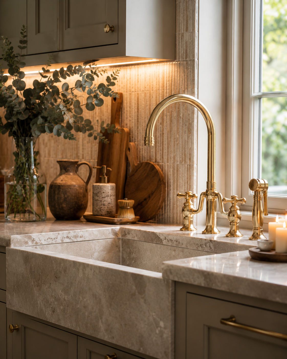 Kitchen sink area with gold faucet and decorative elements