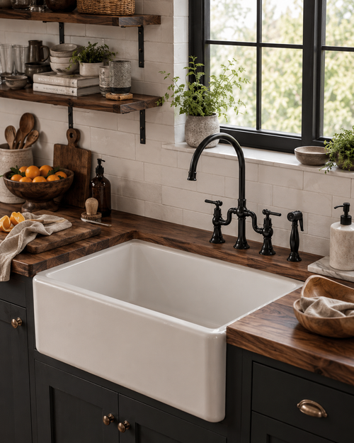 White farmhouse sink in a kitchen with wooden countertops and black fixtures.