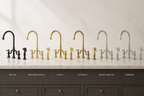 Collection of various kitchen faucets on a neutral background with labels indicating color options.