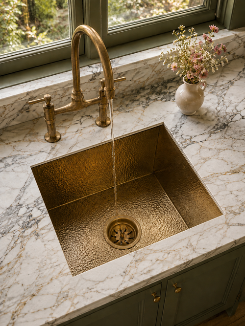 A hammered brass double-bowl kitchen sink installed in a white marble countertop, with a matching brass bridge faucet running water into the sink. The scene is set in a kitchen with green cabinets and a window in the background.