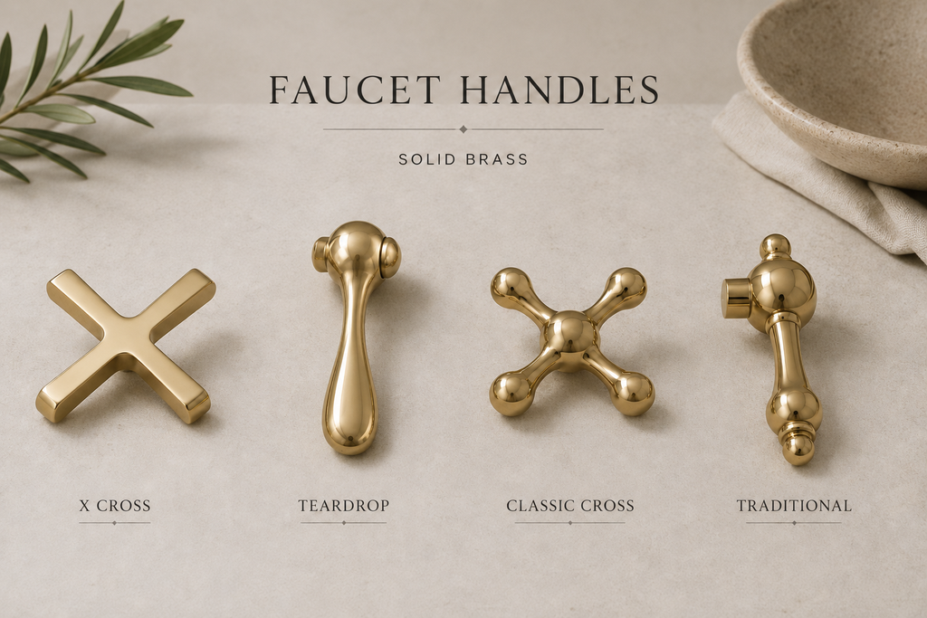 Set of solid brass faucet handles on a neutral background with text indicating handle types.