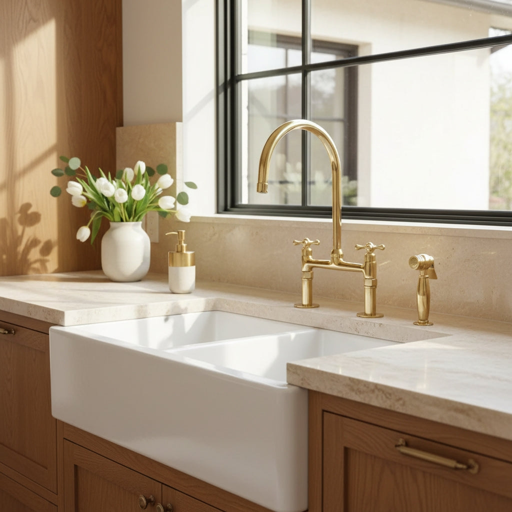 Unlacquered Brass Bridge Kitchen Faucet