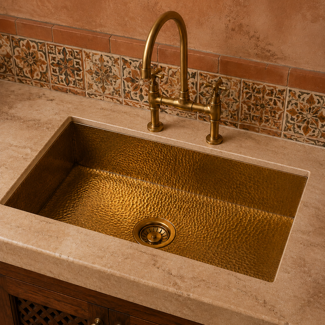 A hammered brass farmhouse sink with a matching curved brass faucet and two lever handles, set into a beige stone countertop with a decorative tile backsplash.