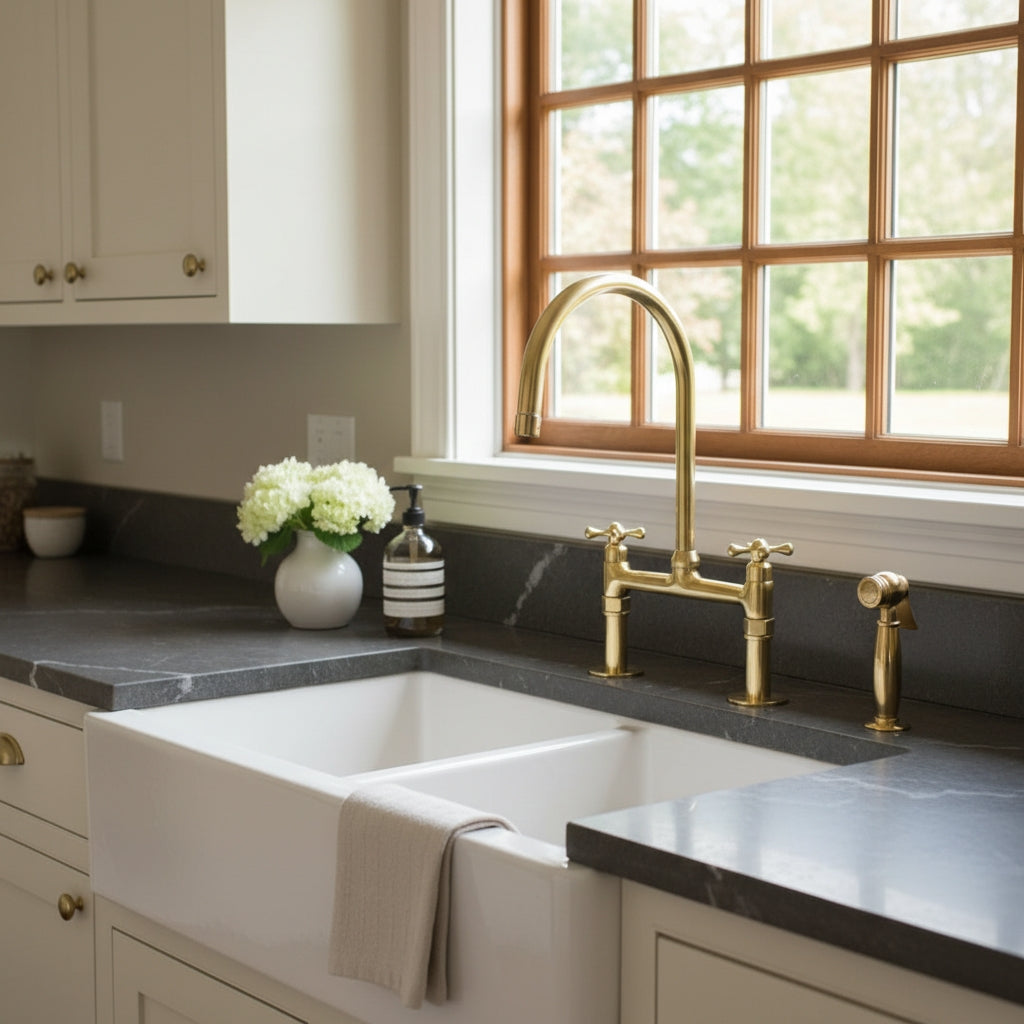 Unlacquered Brass Bridge Kitchen Faucet