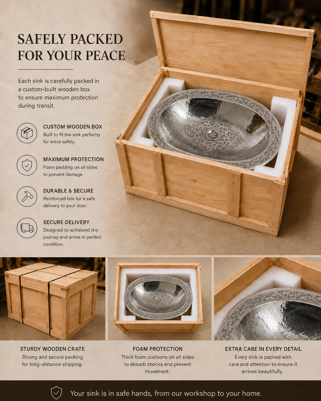 A sink packaged inside an open custom wooden box with foam padding, shown on a beige promotional background with text describing safe packing features and close-up detail panels.