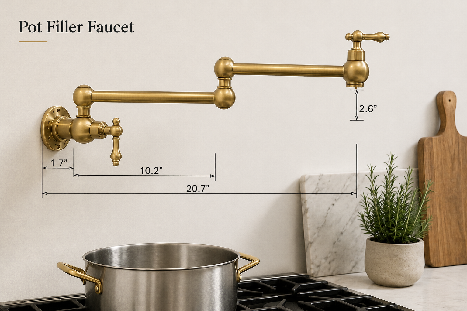 Gold pot filler faucet with measurements on a kitchen wall, next to a pot and plant.