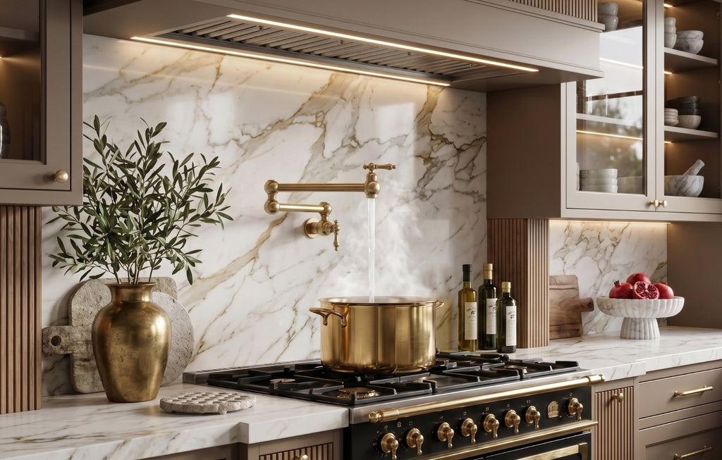 Modern kitchen with marble backsplash, gold pot on stove, and decorative elements.